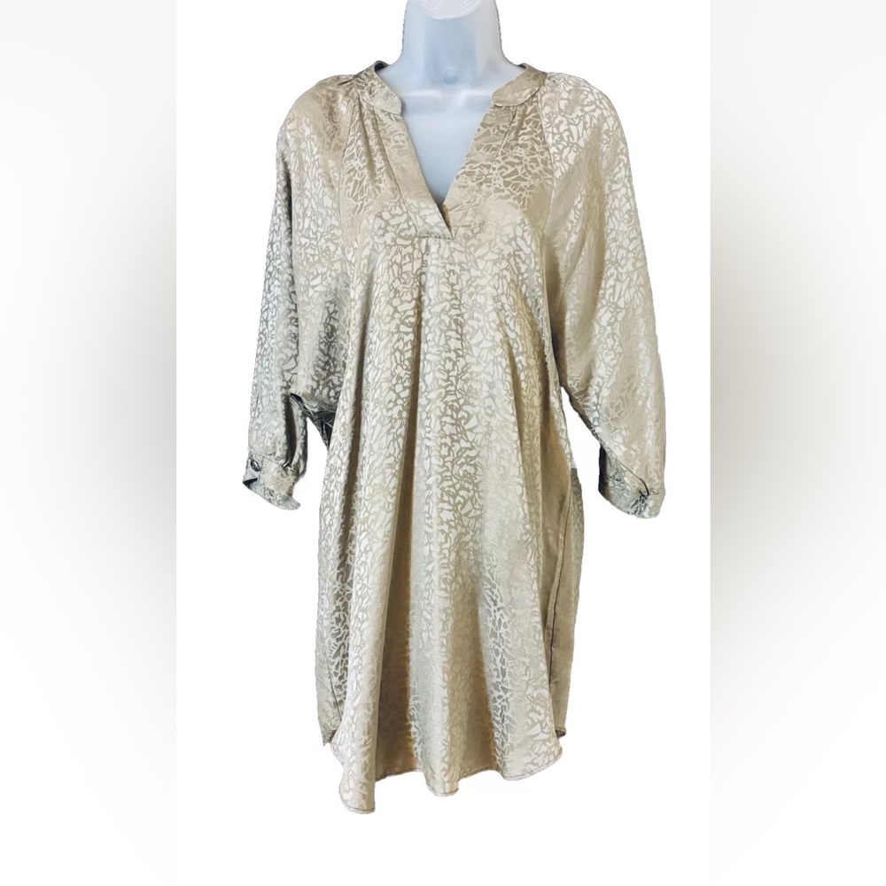 MAIYA Women's XS Taupe Neutral Animal Print 100% Silk Short Shirt Dress